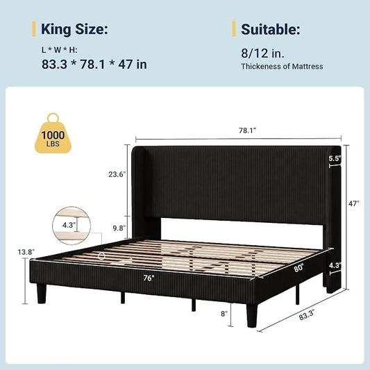 Allewie King Size Bed Frame with Upholstered Wingback Headboard, Vertical Channel Tufted Corduroy Velvet Platform Bed, Strong Wooden Slats Support, No Box Spring Needed, Easy Assembly, Black