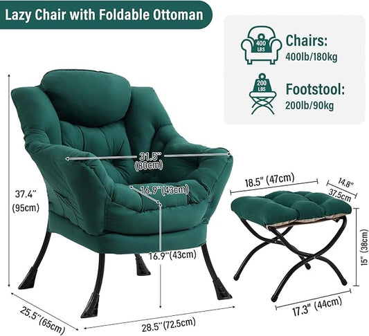 Furlide Lazy Chair with Ottoman, Modern Accent Chair with Armrests and a Side Pocket, Dark Green Accent Chairs, Reading Chairs, Oversized Armchairs for Bedroom, Study, Living Room, Courtyard