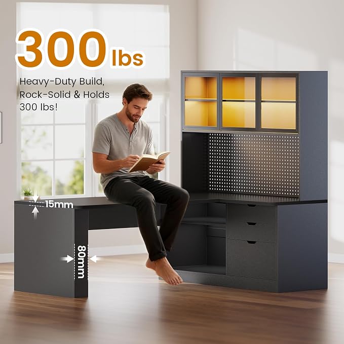 SEDETA L Shaped Computer Desk, L Shaped Corner Gaming Desk with 3 Wood Drawer and Large Bookshelf, Home Office Desk with LED Light, Display Cabinet and Pegboard, 27.5" W Large Desktop Table, Black