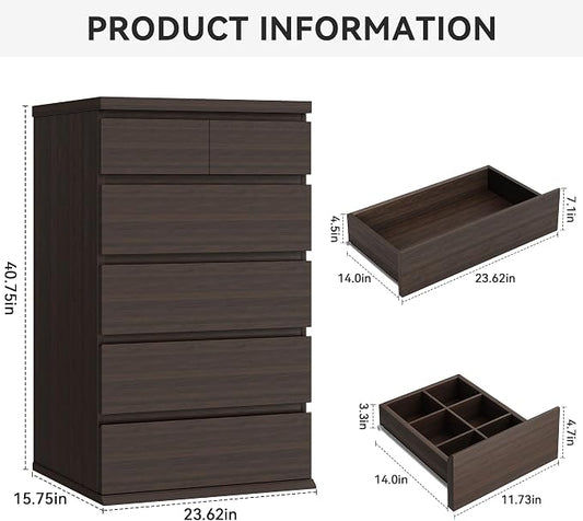 Jocoevol Brown Tall 6 Drawer Dresser for Bedroom,Dressers & Chests of Drawers with Jewelry Storage,Wood Storage Dresser with Deep Drawers for Living Room Hallway Entryway(40.75" L*23.62" W*15.75")