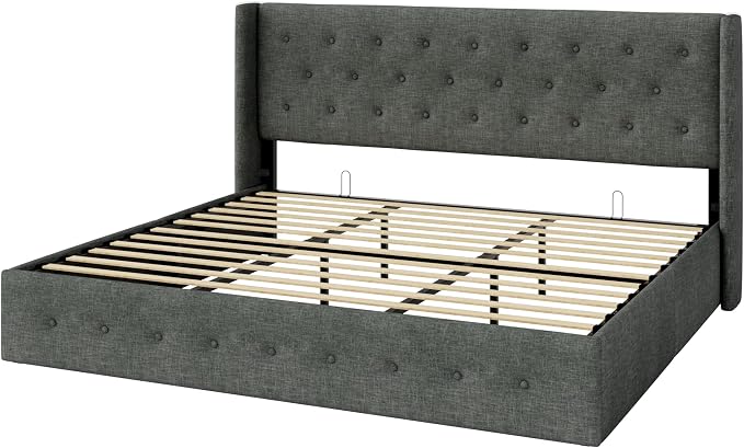 Allewie King Size Lift Up Storage Bed, Button Tufted Headboard with Wingback, Hydraulic Support, No Box Spring Needed, Dark Grey