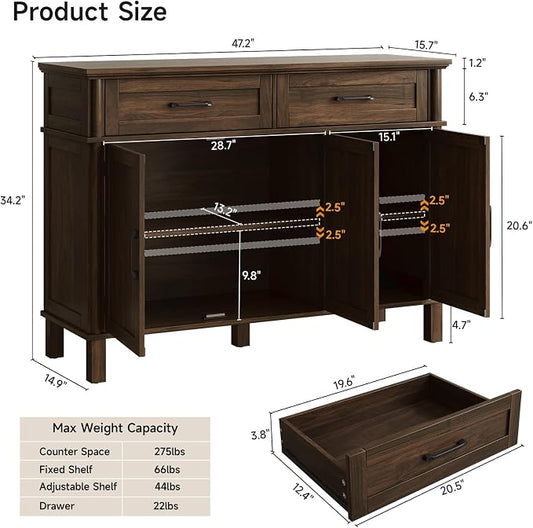 ONBRILL 48 Inch Buffet Cabinet with Storage, Farmhouse Sideboard Buffet w/2 Drawers and 3 Doors, Wood Coffee Bar Cabinet with Adjustable Shelves, Sideboard Storage for Kitchen, Living Room, Walnut