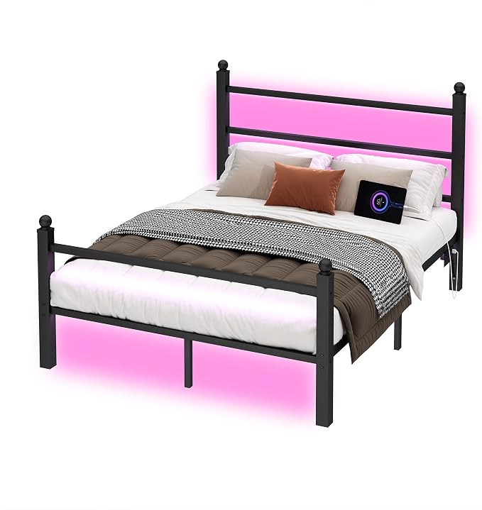 CLIBFENG Full Size Bed Frame with Headboard and Footboard,Steel Slats Support-LED Bed Frame with USB Charging Station,Mattress Foundation-Under Bed Storage, No Box Spring Needed,Noise Free,Black