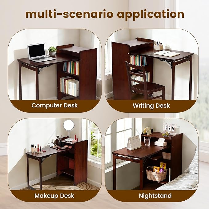 Bamboo Folding Desk with Storage, Mid Century Fold Out Table, Space Saving Foldable Desk for Small Spaces, Multi-Functional Computer Desk for Home Office, Bedroom, Apartment & Dorm