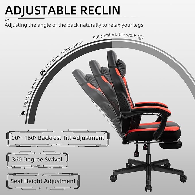 Gaming Chair with Footrest, Massage Lumbar Support, Height Adjustment, and 360° Swivel Seat. Ergonomic Design for Gaming