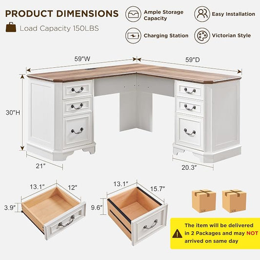 T4TREAM 59" Executive L Shaped Desk with Drawers,Farmhouse Wood Computer Corner Desk, Featuring Charging Station,File Drawer, Storage Cabinet,for Home Office Work and Study (Antique White)