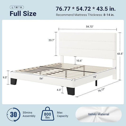 Allewie Full Size Platform Bed Frame with Velvet Upholstered Headboard and Wooden Slats Support, Fully Upholstered Mattress Foundation/No Box Spring Needed/Easy Assembly, White
