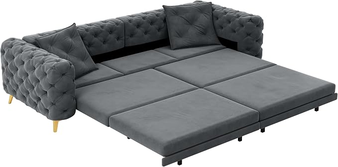 97.7'' Pull Out Sofa Bed King, Chesterfield Velvet Sleeper Sofa, Convertible L-Shaped Futon Couch, Tufted Back, Ottoman, Deep Seat Loveseat Couches for Living Room, Apartment, Dark Gray
