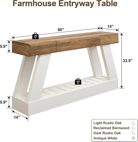 OKD 60" Farmhouse Entryway Table with Drawer, Console Table Behind Sofa, Narrow Long Entryway for Hallway, Living Room, Hallway, Behind Couch(Antique White)