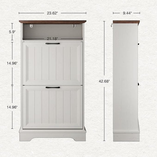 Shoe Storage Cabinet with 2 Flip Drawers, 24" W Farmhouse Modern Hidden Shoes Rack Cabinet with Adjustable Shelves & Open Storage, Narrow Slim Shoe Organizer for Entryway, Hallway, Antique White