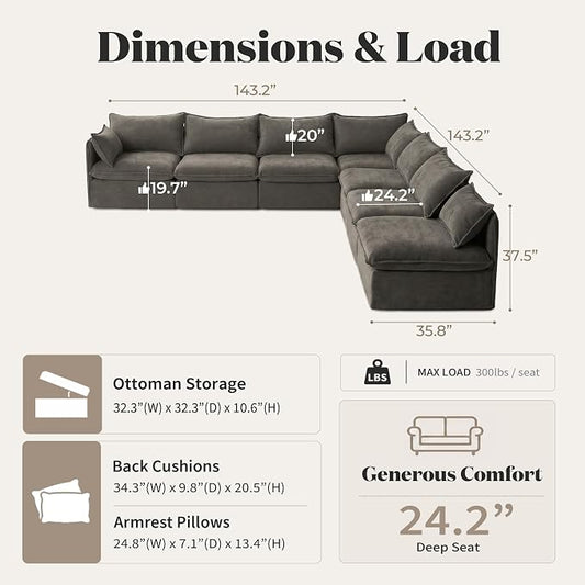 Cloud Modular Corner Sectional, Oversized Deep Seat Comfort, Luxe Chenille | Fully Removable Washable Covers, Memory Foam Seat Cushions, Premium Fabric