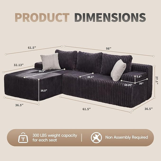 Hobestluk Boneless Couch Modular Sectional Sofa for Living Room Furniture | 98" Left Facing Chaise Darkgrey,Memory Foam,Removable Cover,Non-slip Bottom,No Assemble Required,Furniture for Apartment