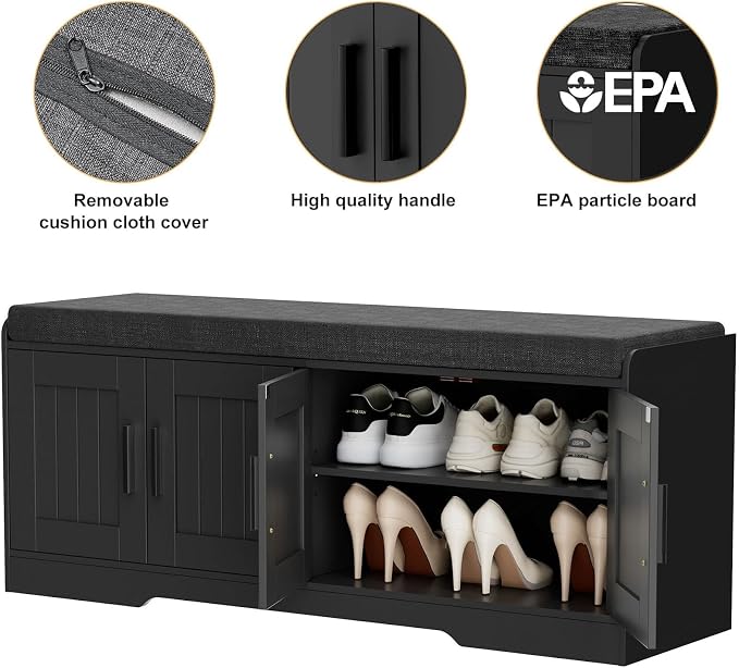 Homleke 2-Tier Storage Bench, Shoe Bench with Thickened Padded Seat Cushion, Entryway Bench with 4 Doors, Adjustable Shelf, 13.8" D x 45.3" W x 18.5" H, for Entryway, Living Room, Bedroom, Black