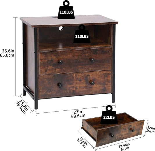 27 Inch LED Nightstand with Charging Station, 2 Drawers, Retro | Solid Wood and Steel Frame, 2 AC Outlets, 2 USB Ports, RGB App Control, Open Storage, Adjustable Feet, for Bedroom or Office