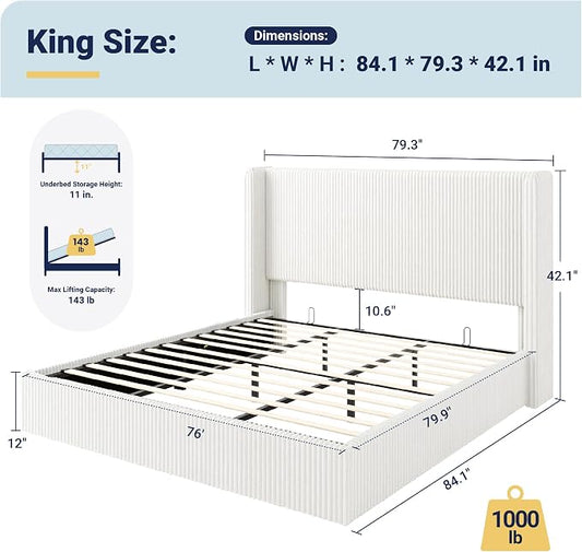 Allewie King Lift-Up Storage Bed Frame with Modern Wingback Headboard, Corduroy Upholstered Platform Bed, Hydraulic Gas Lift Support, Underbed Storage, Wooden Slats, No Box Spring Needed, White