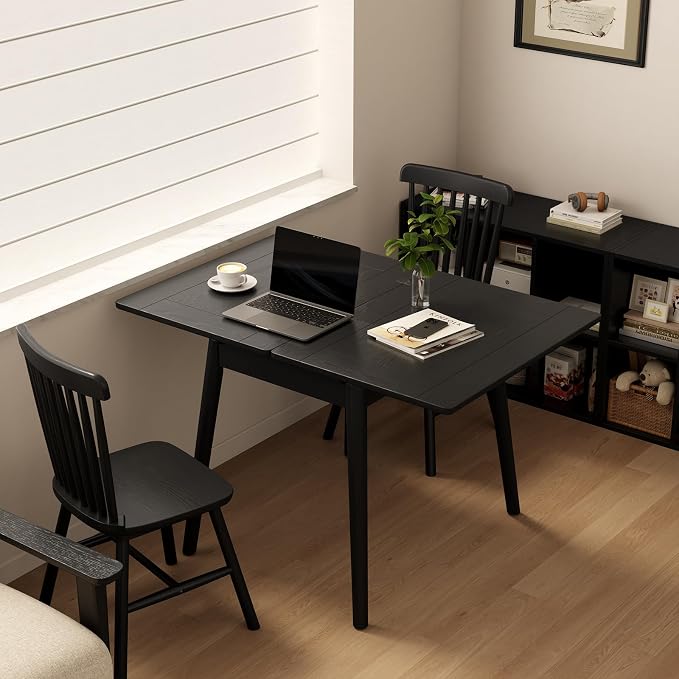 Solid Wood Small Dining Table, 23.6"L-47.2"L Expandable Kitchen Table for 2-6, Designed for Small Spaces, Easy Assembly, Suitable for Kitchen, Dining Room, Living Room, Apartment (Black)
