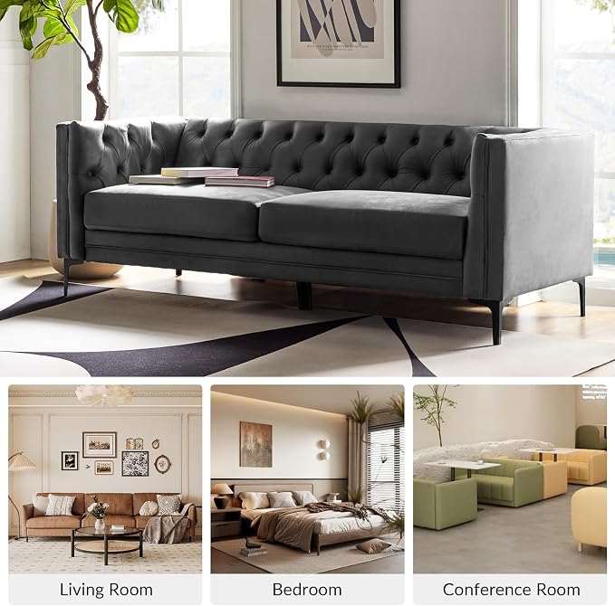 HULALA HOME 84" W Faux Leather Sofa Couch with Metal Legs, Button-Tufted 3-Seater Sofa, Mid Century Modern Contemporary Upholstered Couch for Living Room, Entertainment Area, Apartment,Grey