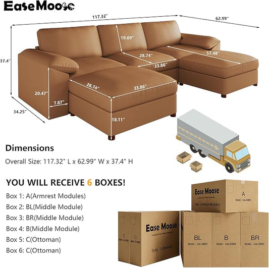 EASE MOOSE Oversized Modular Sectional Sofa,Leather Sectional Couch with Deep Seat,Extra Large U Shaped Couch,Modern Comfy Scratch Resistant Faux Leather Material Sofa,Brown