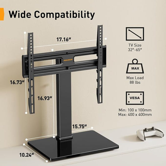 Perlegear Universal Swivel TV Stand with Power Outlet, Tabletop TV Stand for 34–65 Inch TVs up to 88 lbs, Tempered Glass TV Mount Stand Base with Height Adjustment, Tilt, Max VESA 400x400mm,PGTVS27