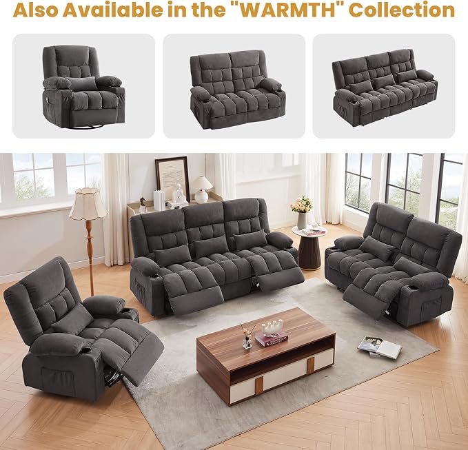 Swivel Recliner Chair for Adults with Vibration Massage and Lumbar Heat , Oversized Ergonomic Rocking Chair for Living Room and Bedroom, Featuring Side Pocket, 2 Cup Holders & USB Charge Port