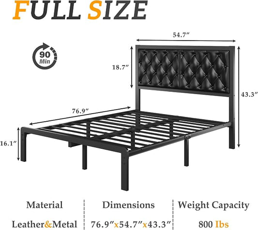 HISOFT Full Bed Frame with Upholstered Button Tufted Headboard, Bed Frame Platform Metal Slats Support, Under Bed Storage, No Box Spring Needed, Noise-Free, Easy Assembly, Black