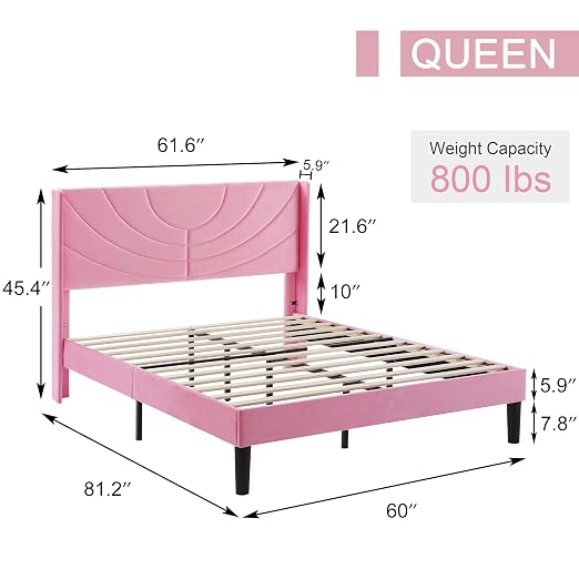 VECELO Queen Size Bed Frame Upholstered Platform with Fabric Headboard/Wooden Slats Support/No Box Spring Needed/Mattress Foundation,Pink