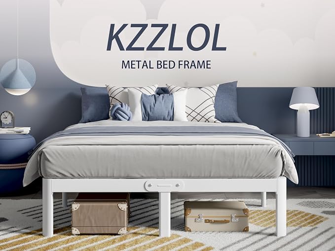 White Bed Frame Queen Size 14 Inch, Metal Queen Bed Frame No Box Spring Needed, Heavy Duty Steel Support 3500 LBS, DIY Headboard, Noiseless, Round Corner Legs, Storage Space, Easy Assembly