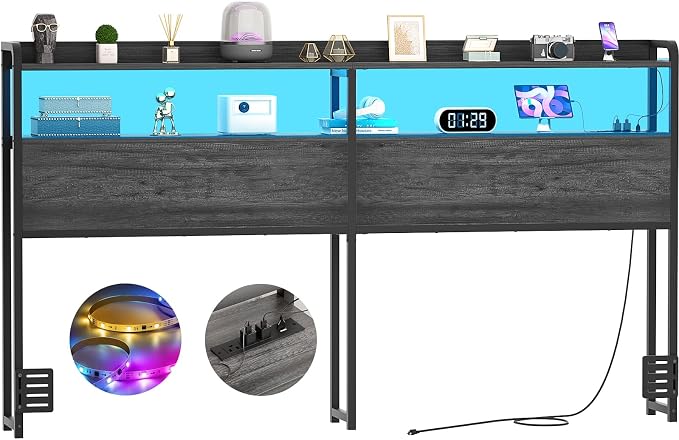 Aheaplus Headboard for King Size Bed Frame, Headboards with Outlets, USB Ports and LED Light, Head Board with Storage, Height Adjustable, Sturdy and Stable Headboard, King Size, Black Oak