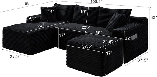 106-Inch Oversized U-Shaped Left Facing Corner Compressed Sofa Modular Boneless Cloud Sectional Sofa Floor Foam Couch W/Chaise & Ottoman, Corduroy Corner Boneless Cloud Couch