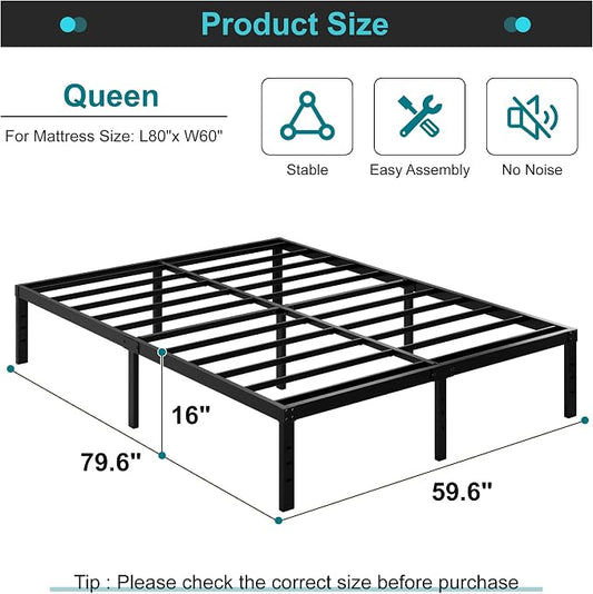Maenizi 16 Inch Queen Bed Frame No Box Spring Needed, Heavy Duty Metal Queen Platform Bed Frame Support Up to 3000 lbs, Easy Assembly, Noise Free, Black