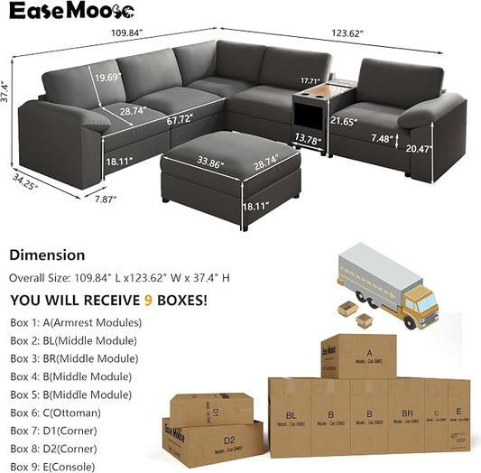 EASE MOOSE Oversized Corner Modular Sectional Sofa with Ottoman and Console, Faux Leather Sectional Sofa with Deep Seat, Scratch Resistant Faux Leather Material, Extra Large L Shaped Couch, Grey