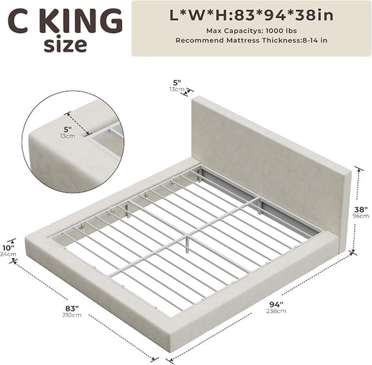 RECCI AirFrame California King Bed Frame with Headboard, Cloud Upholstered Platform Bed Frame, 5 Inch Foam Cushioned, No Box Spring, Easy Assembly(Beige Chenille)