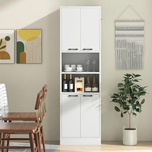 Giantex Kitchen Pantry Cabinet, 75” Tall Freestanding Cupboard with Doors & Shelves, Safety Hinges & Anti-Tipping Devices, Storage Sideboard for Dining Room, Living Room (White)