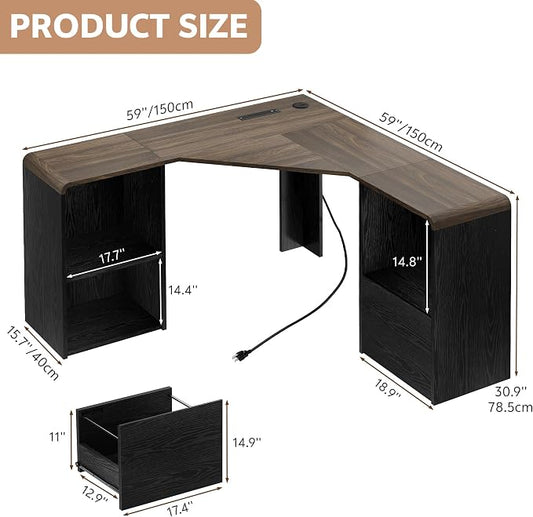 L Shaped Desk with Power Outlets & USB C Port, 59'' Reversible L-Shaped Computer Desk with File Drawer for Letter/Legal Size, Corner Office Desk with Storage Shelves, Rounded Corners, Black