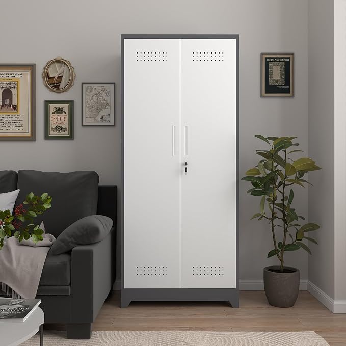 72.8" H Metal Garage Storage Cabinets with Doors and Shelves, Broom Closet Storage Cabinet, Tool Cabinets with Hanging Rod, Cleaning Storage Cabinets for Garage, Office, Laundry Room