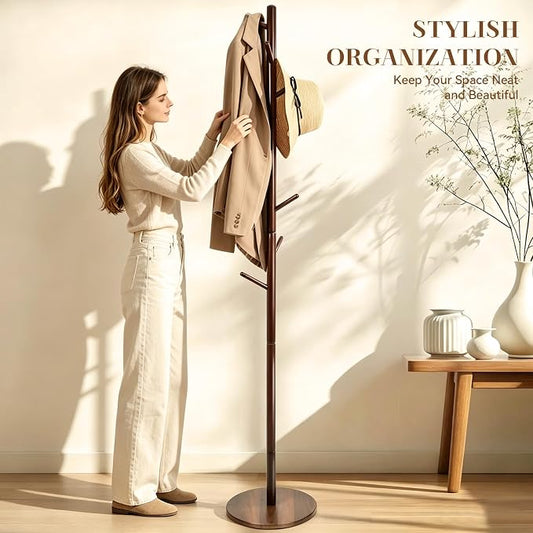 Coat Rack Freestanding- Solid Wood New Zealand Pine Hall Tree with 8 Hooks & 3 Adjustable Levels, Corner Wooden Coat Hanger for Entryway, Hallway and Small Space (Hats, Purses, Bags)