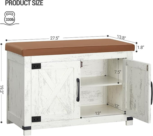 Hzuaneri Shoe Storage Bench, 2 Tier Shoe Bench with Padded Seat Cushion & 2 Barn Doors, Entryway Bench with Adjustable Shelf, Farmhouse Shoe Cabinet for Living Room, Bedroom, Antique White SB26214KA