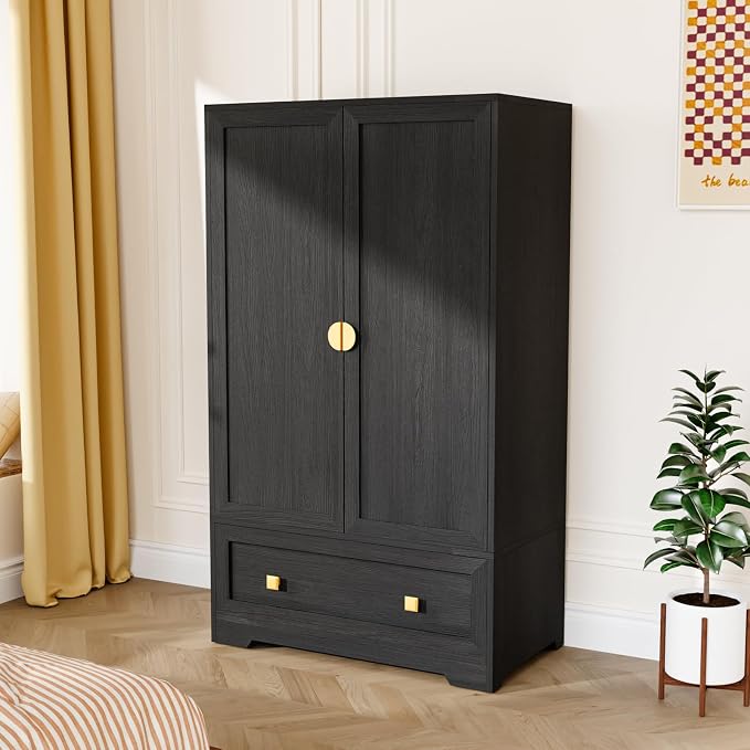 VINGLI Armoire Wardrobe Closet with Doors, 38" W Armoire Wardrobe Cabinet with Drawers and Hanging Rod, Black Wood Bedroom Armoires, 21" D x 38" W x 65" H