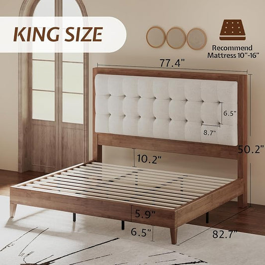 Jocisland Solid Wood King Size Bed Frame 50.2" Tall Upholstered Headboard, Mid-Century Style, Stable Platform Support, No Box Spring Needed, Walnut