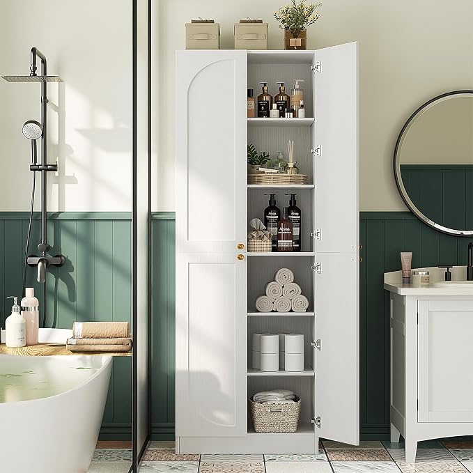 Cyclysio 80" Kitchen Pantry, Extra Tall Arch Storage Cabinet with 8 Soft Close Doors and Adjustable Shelves, Freestanding Wood Cupboard with Seamless Fit Wall for Dining Living Room Bathroom Furniture