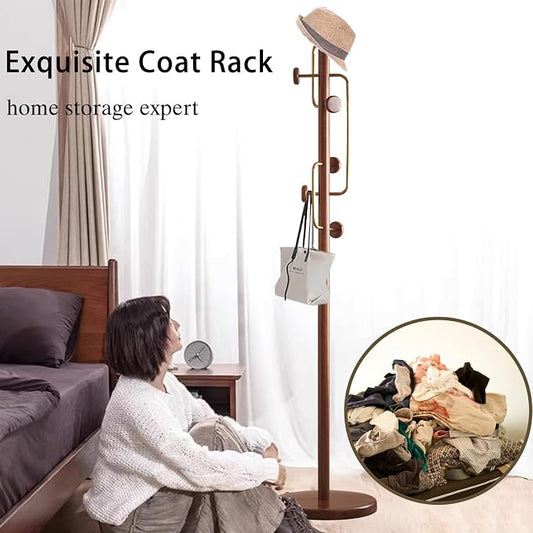 Wooden Coat Rack Freestanding, Hall Tree Hanger With Resin Hooks, Adjustable Heavy Duty Coat Rack for Hanging Clothes Bags Hats in Living Room Bedroom (coat rack, Luxury Hook)