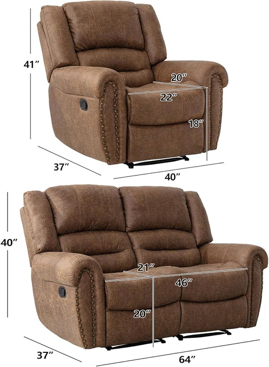 CANMOV Manual Reclining Sofa Set,Faux Leather Manual Recliner Loveseat and Recliner Chair with Overstuffed Armrest for Living Room,Bedroom Furniture,Office,Nut Brown