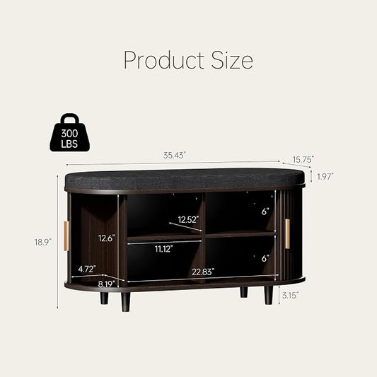 DHH 2-Tier Storage Bench,Wide Shoe Bench with Thickened Padded Seat Cushion, Mid Century Modern Fluted Sliding Door and Adjustable Shelf, for Entryway, Living Room, Bedroom (Dark Walnut, 35.4“)
