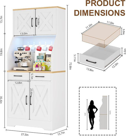 DreamDashio 73" Tall Pantry Cabinet with Charging Station & LED Light, Kitchen Pantry Storage Cabinet with Microwave Stand, Farmhouse Kitchen Hutch with 2 Storage Drawers and 6 Hooks for Dining Room