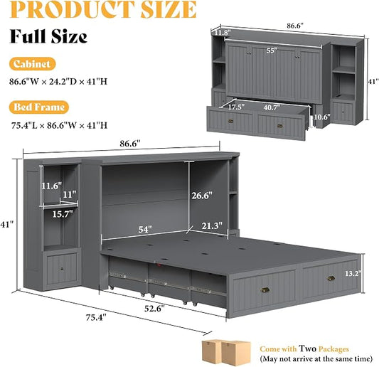 AMERLIFE Full Size Murphy Bed with Bedside Tables, Foldable Cabinet with 3 Storage Drawers & Charging Station, Farmhouse Hideaway Bed for Bedroom/Office/Guest Room, Grey