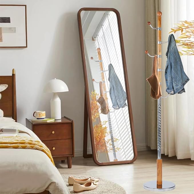Wooden Coat Rack Freestanding, Hall Tree Hanger With Resin Hooks, Adjustable Heavy Duty Coat Rack for Hanging Clothes Bags Hats in Living Room Bedroom (coat rack, metal-Walnut color)