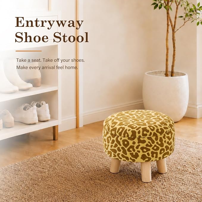 Wimarsbon Storage Ottoman, Modern Round Footrest with Soft Padded Seat, Pattern Velvet Footstool with Wood Legs, Accent Small Table or Plant Stand for Hallway, Living Room (Yellow)