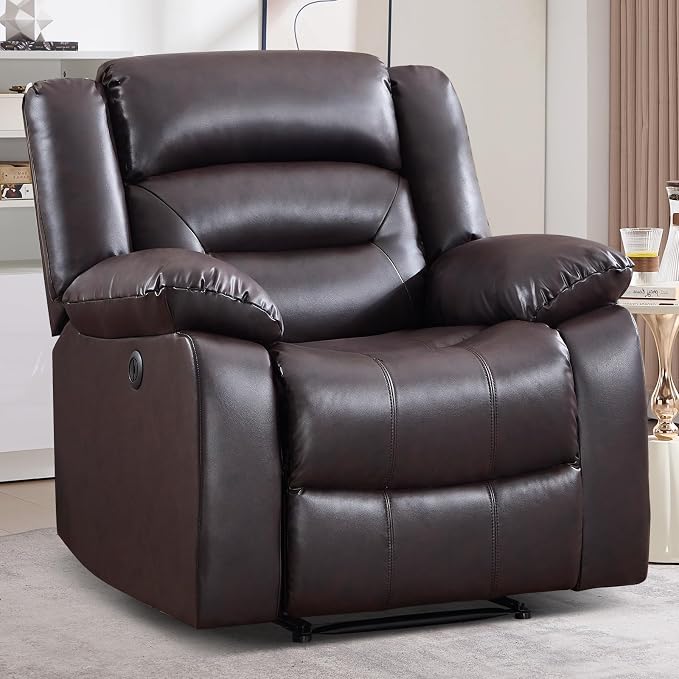 EBELLO Classic Power Recliner Chair, Faux Leather Oversized Electric Overstuffed Chair with Soft Cushion and Back, Sofa with Comfortable Armchair for Living Room, Brown