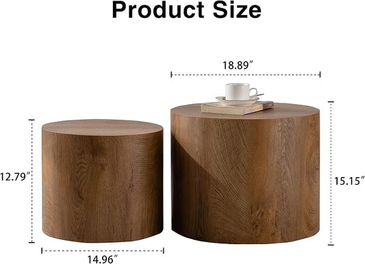 Nesting Round Coffee Table Set of 2, Accent End Table for Small Spaces, Morden Drum Side Table, Wooden Circle Center Table for Living Room, Fully Assembled - Light Walnut