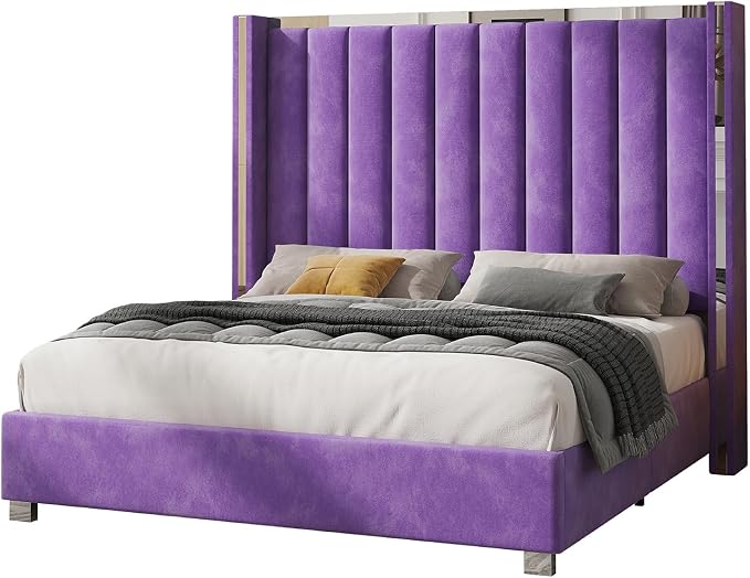 Jocisland King Size Bed Frame with 58" Tall Headboard, Velvet Upholstered Platform Bed with Channel Tufted Wingback Headboard and Plating Trim, No Box Spring Needed, Purple